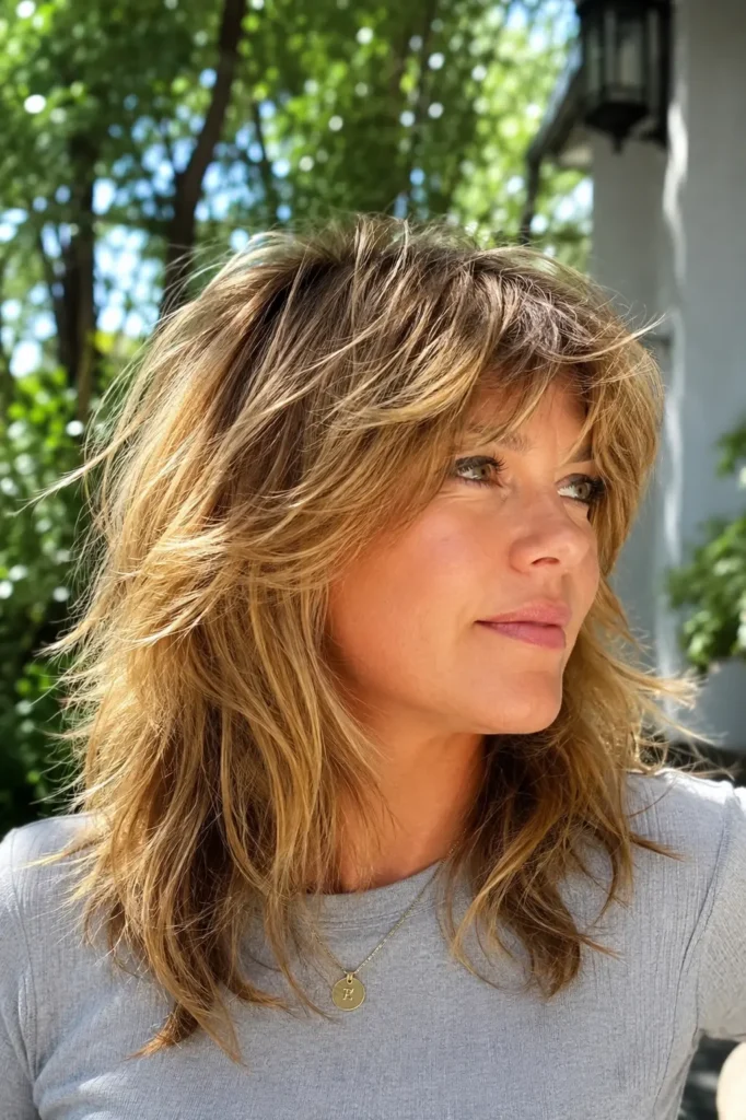 Close-up outdoor portrait of a real English woman in her 30s with thick, choppy layered hair in a warm honey blonde shade. The textured layers frame her face and create natural movement, with glossy highlights catching the bright daylight