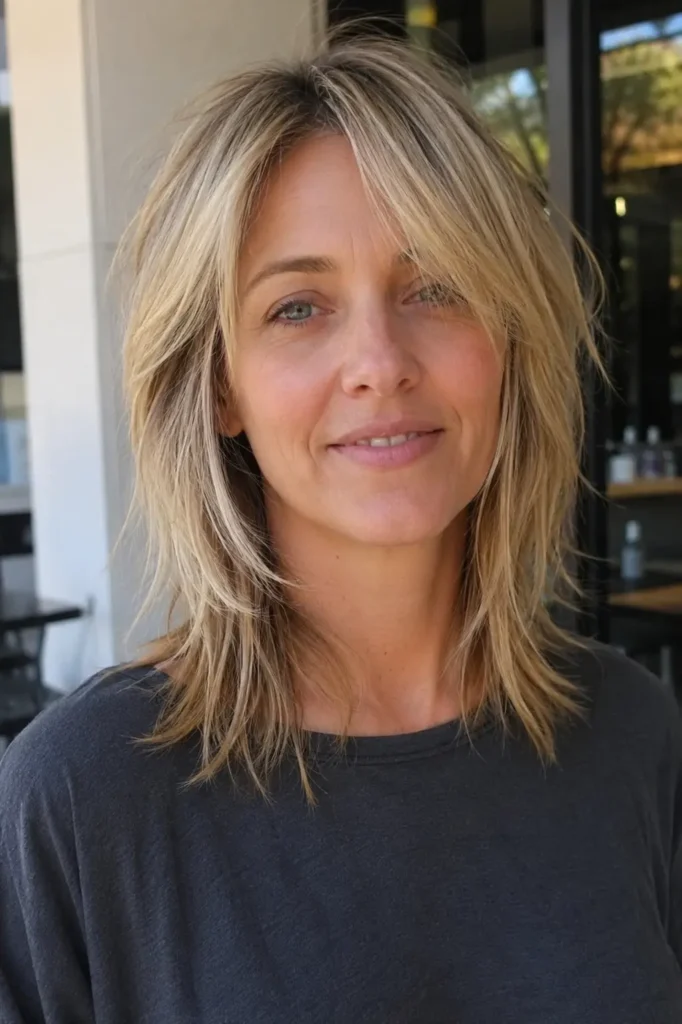 Realistic vertical portrait of an everyday English woman with a choppy layered haircut in light beige blonde, softly blended ends, and visible textured layers. She has natural skin texture, a relaxed authentic expression, and healthy hair shine highlighted by soft natural sunlight.