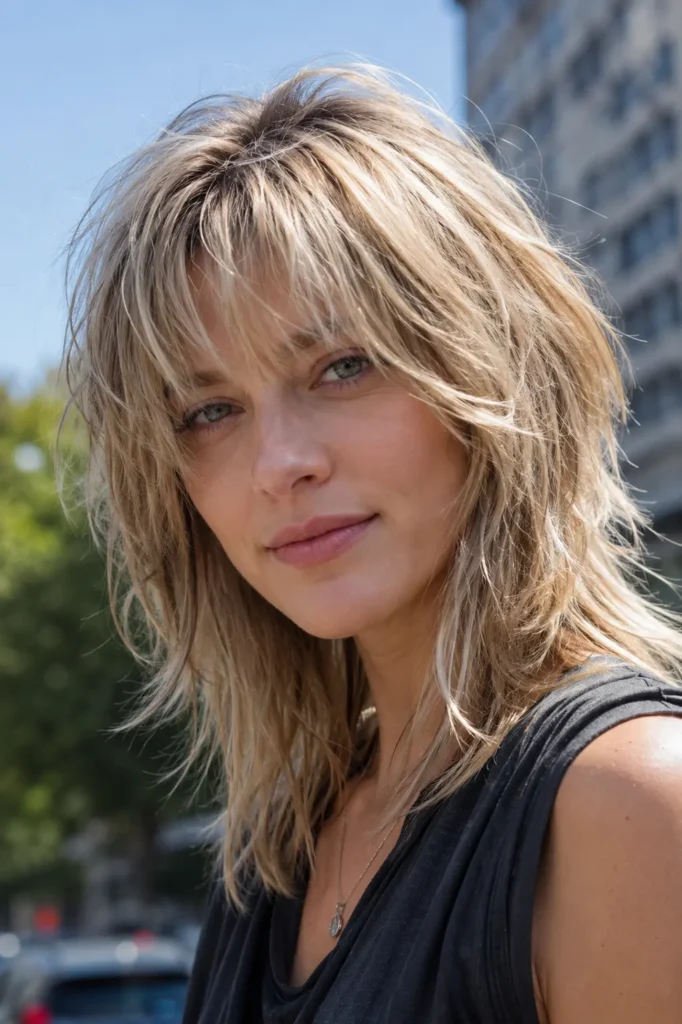 Portrait of a real English woman in her late 20s to early 40s with a choppy layered haircut and wispy bangs. Her light ash blonde hair frames her face with soft, textured layers and natural movement. Captured outdoors in bright daylight