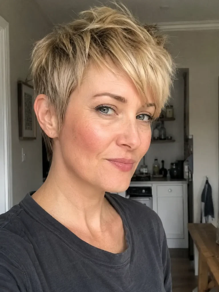 English woman with a choppy pixie haircut featuring light blonde textured layers. Her short, tousled hair is the main focus, showcasing movement and dimension in bright natural daylight. The woman has realistic skin texture and natural features
