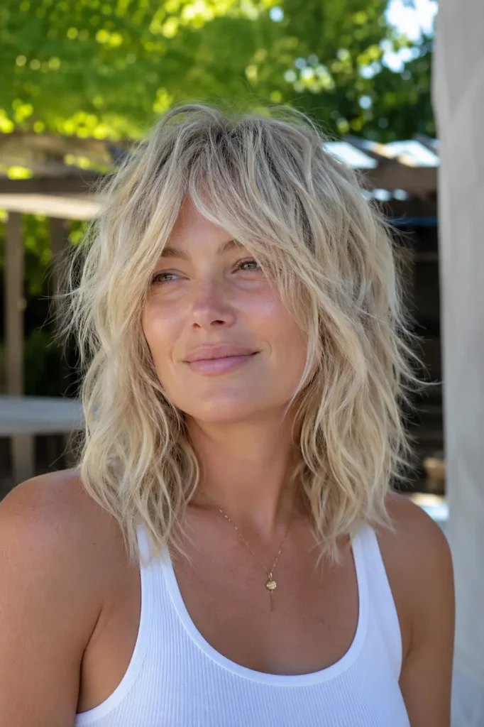 woman with a modern choppy shag haircut and soft ash blonde hair, photographed outdoors in bright summer daylight.