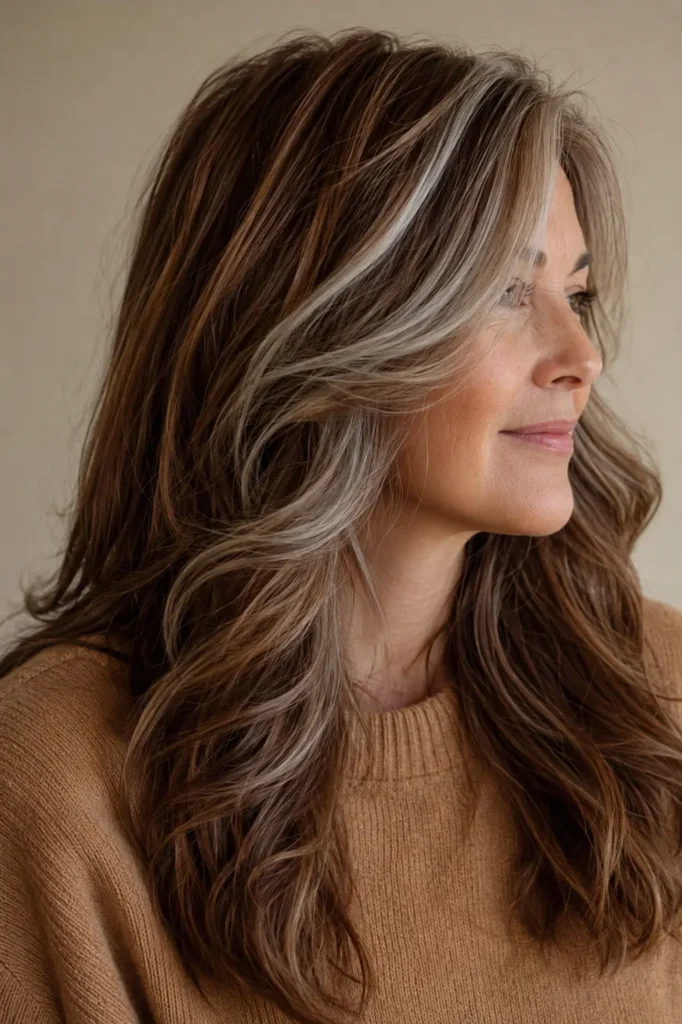 English woman with long cinnamon brown hair featuring flowing silver ribbon highlights, wearing a modest camel sweater.