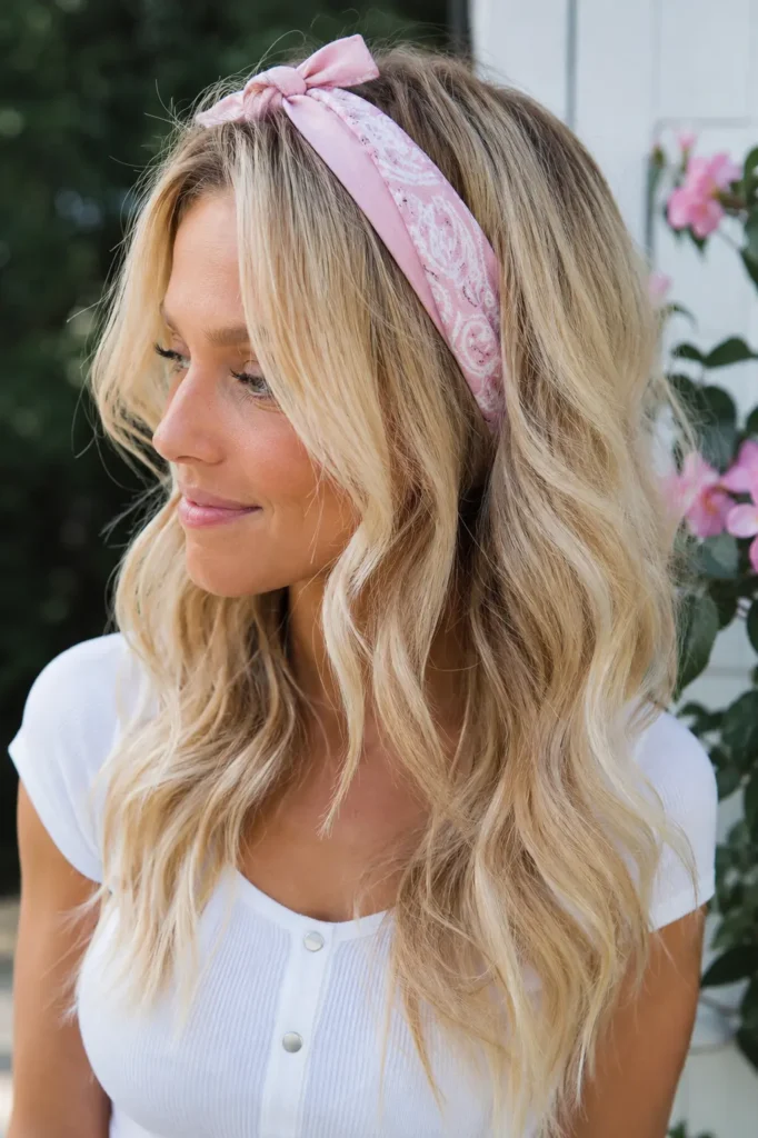 Blonde woman wearing a pastel bandana headband with loose wavy hair in a natural outdoor setting.
