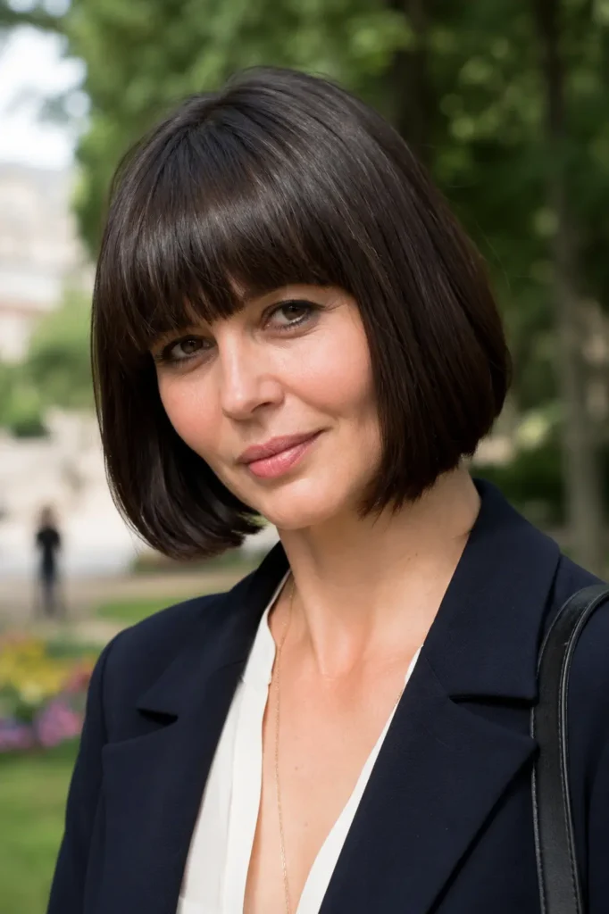 woman with a classic chin-length bob haircut and full blunt bangs, featuring glossy dark brown hair and natural shine. She is wearing an elegant casual outfit in an outdoor city park setting, smiling softly while the hairstyle is prominently displayed