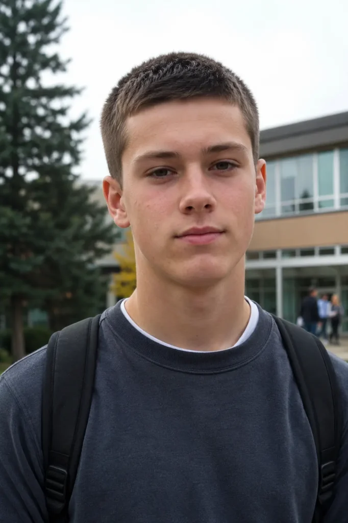 teenage boy with a classic crew cut haircut, wearing a dark sweatshirt and backpack, standing outdoors near a school building in natural daylight.