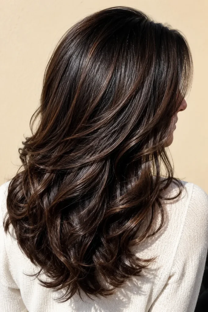 woman with glossy espresso black hair featuring rich chocolate brown highlights, shown from the back and side profile with minimal facial visibility, displaying silky, thick, dimensional waves under bright natural daylight against a soft beige background.