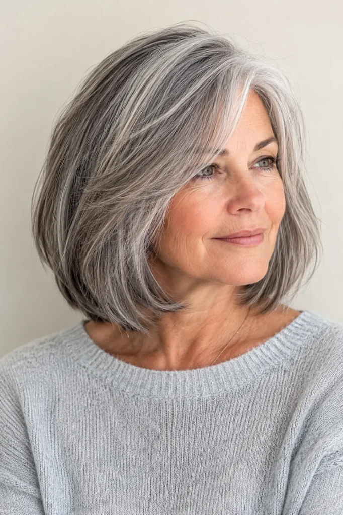 woman aged 50–65 with a classic layered salt and pepper bob featuring soft feathered layers and naturally blended silver and charcoal tones