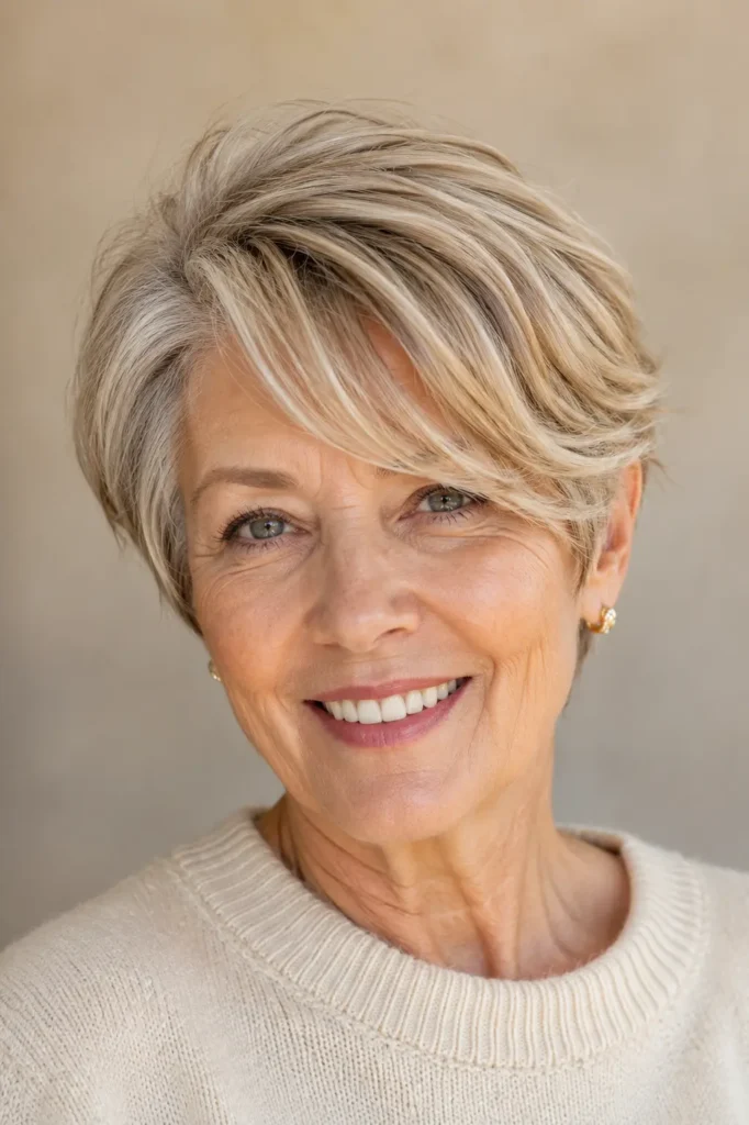 a real English woman aged around 60 with a classic long pixie haircut and elegant side-swept bangs. Her thick, glossy, feathered hair is the main focus, highlighted by bright natural daylight.