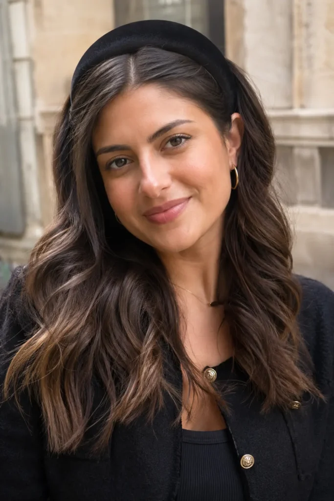 Close-up portrait of a real woman outdoors wearing a classic padded headband with soft, loose waves framing her face. She has natural facial features, realistic skin texture, and a casual elegant outfit, with the hairstyle emphasized in soft natural light.