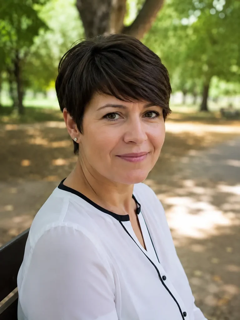 woman aged 30–50 with a classic dark brown pixie haircut and side-swept fringe, wearing an elegant white blouse, seated in a sunlit outdoor park