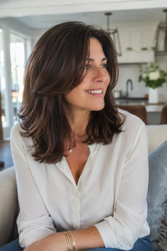 woman with a classic shoulder-length layered brunette haircut, featuring soft face-framing layers, natural movement, and healthy shine. She wears a casual elegant white blouse and smiles while seated indoors in bright natural daylight