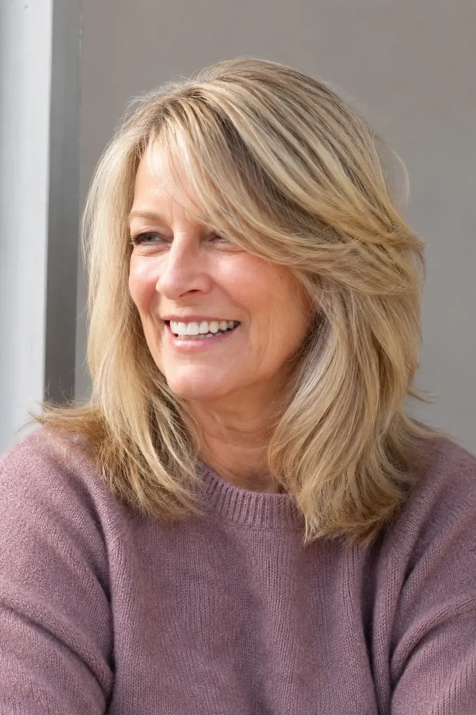 a real English woman in her late 50s with classic shoulder-length layered blonde hair featuring dimensional highlights