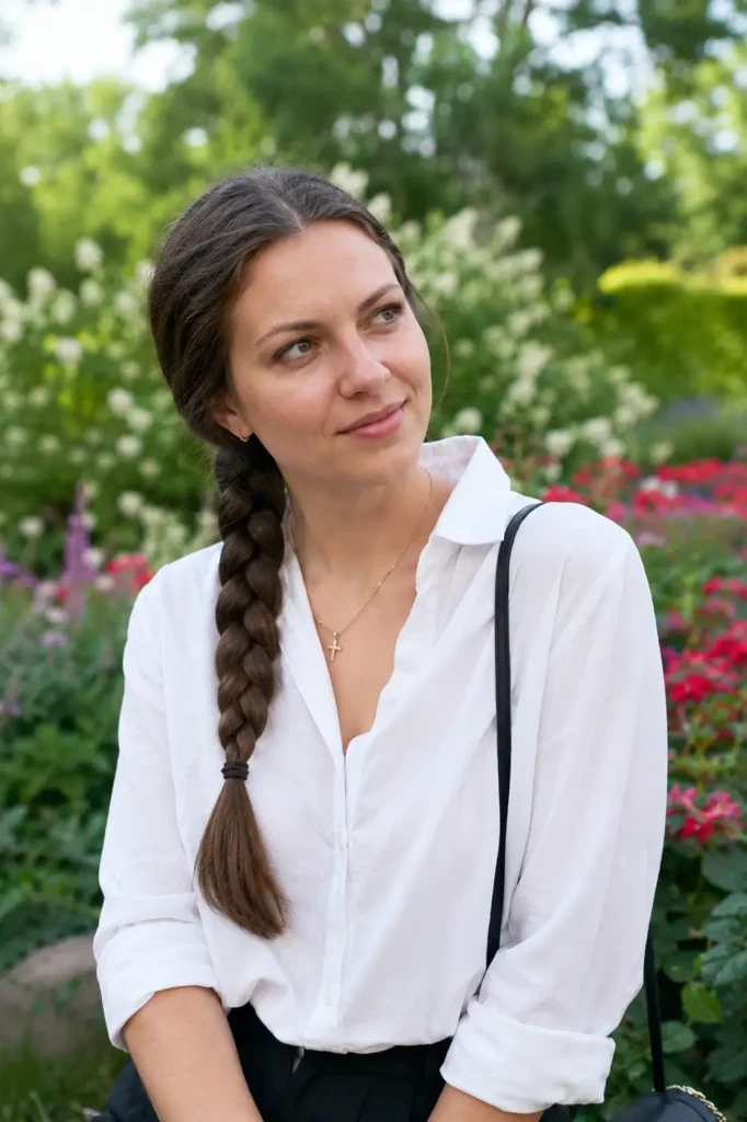 **Alt Text:**
Real woman with a classic three-strand brunette braid sitting in a flower-filled garden, wearing a casual white blouse in natural daylight with the braid clearly visible.
