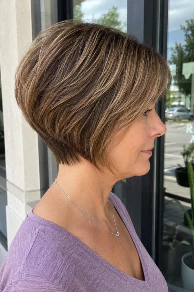 Close-up side-profile portrait of a real woman over 40 with a classic wedge haircut featuring stacked layers at the back and smooth, sculpted shaping. Her brunette hair shows natural shine and detailed texture in soft daylight, highlighting the haircut’s structured silhouette.