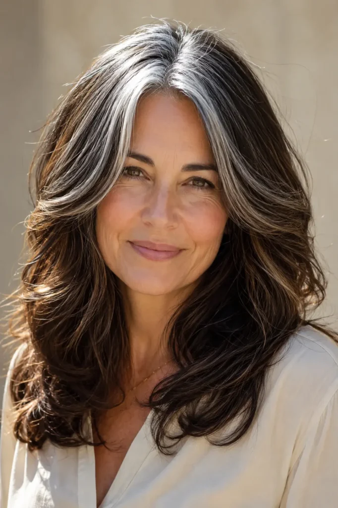 English woman aged around 50 with glossy cocoa brown hair and silver crown highlights, wearing a cream blouse against a soft beige background in bright natural daylight, with healthy, richly textured hair as the main focus.