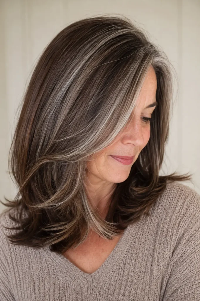 Coffee brown hair with icy silver highlights on a real English woman aged 45–60.

