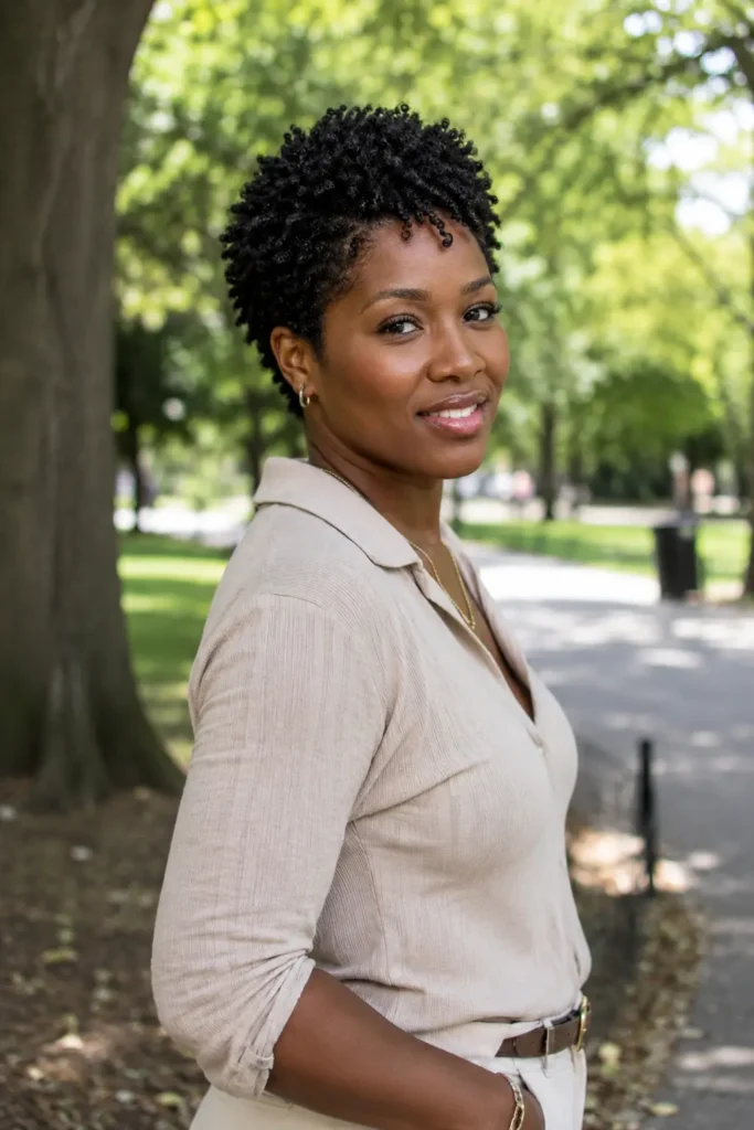 Black woman aged 25–45 with a coily pixie haircut featuring defined natural coils, standing in a sunlit outdoor park. She wears a chic beige outfit and has realistic skin texture with natural makeup