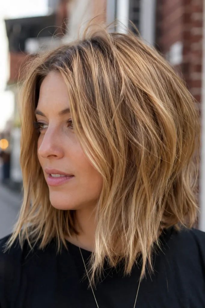 English woman with a collarbone-length choppy layered haircut in honey blonde tones, photographed outdoors in bright natural daylight. The hairstyle features textured layers, soft movement, and face-framing pieces, with realistic skin texture and a natural,