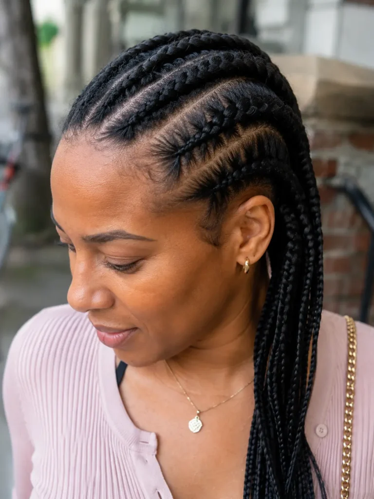 a real Black woman with neat cornrow braids, showcasing intricate braid patterns and clean parting. The hairstyle is the main focus, captured in natural daylight with realistic skin texture and an authentic appearance