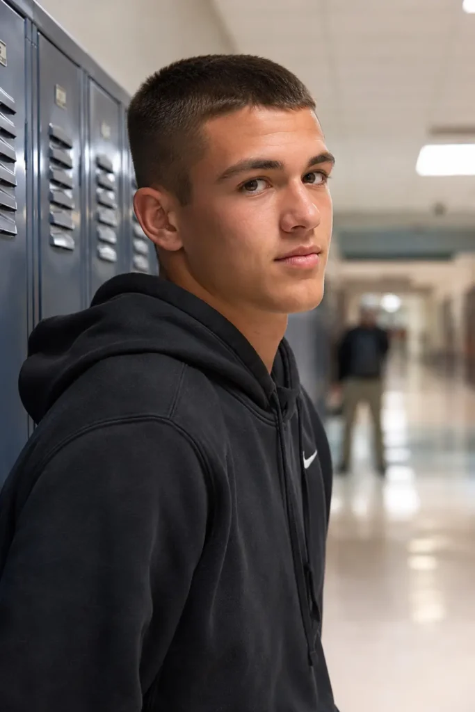 l teenage boy with a classic crew cut hairstyle standing in a school hallway, wearing a black sports hoodie