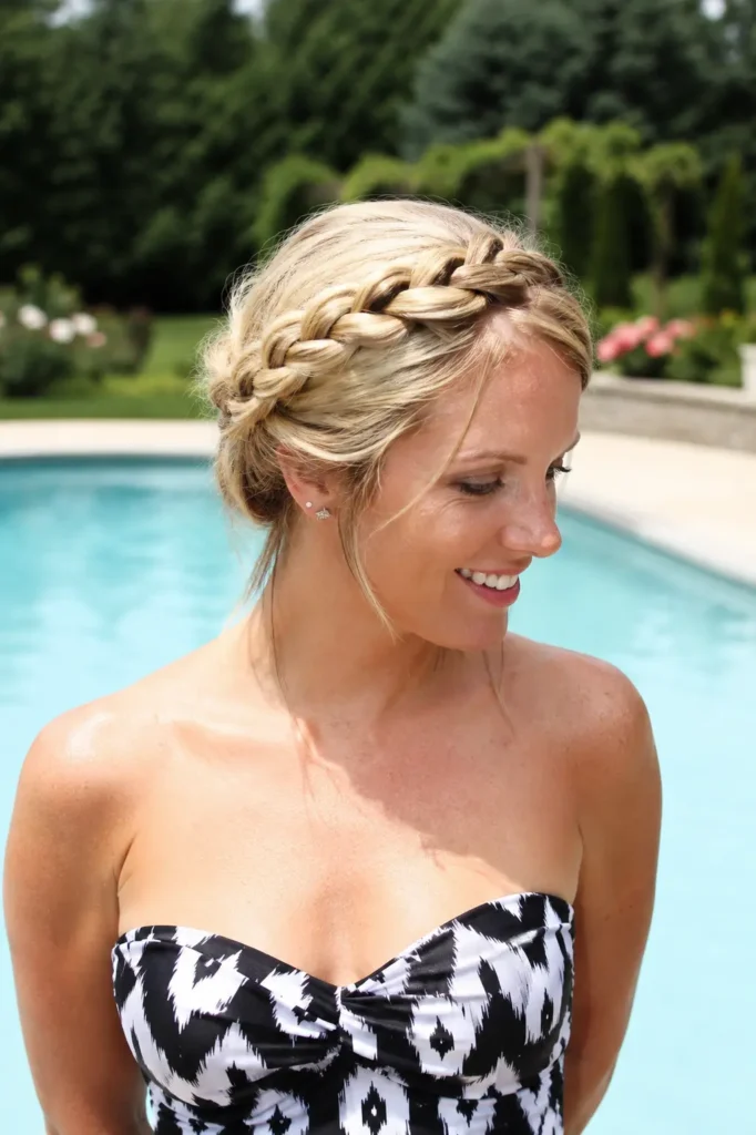 woman with light golden blonde hair styled in an elegant crown braid, standing poolside in a sunny garden. The hairstyle is the main focus, showcasing detailed braided texture, soft face-framing strands, and natural shine.