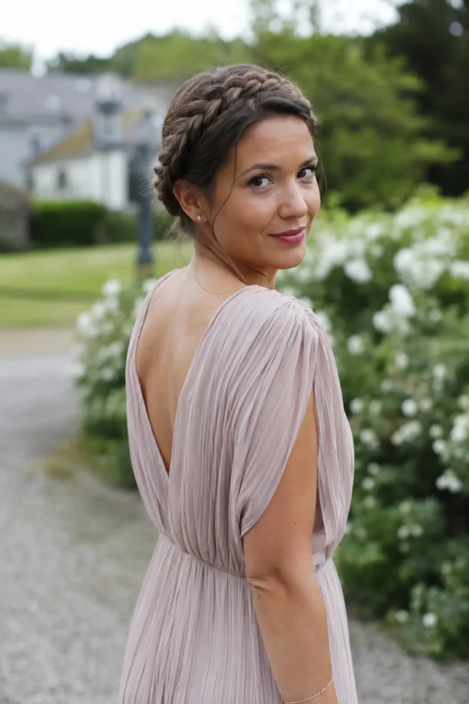 woman with a soft brunette crown braid wrapped around her head, wearing an elegant blush dress and standing in a blooming garden