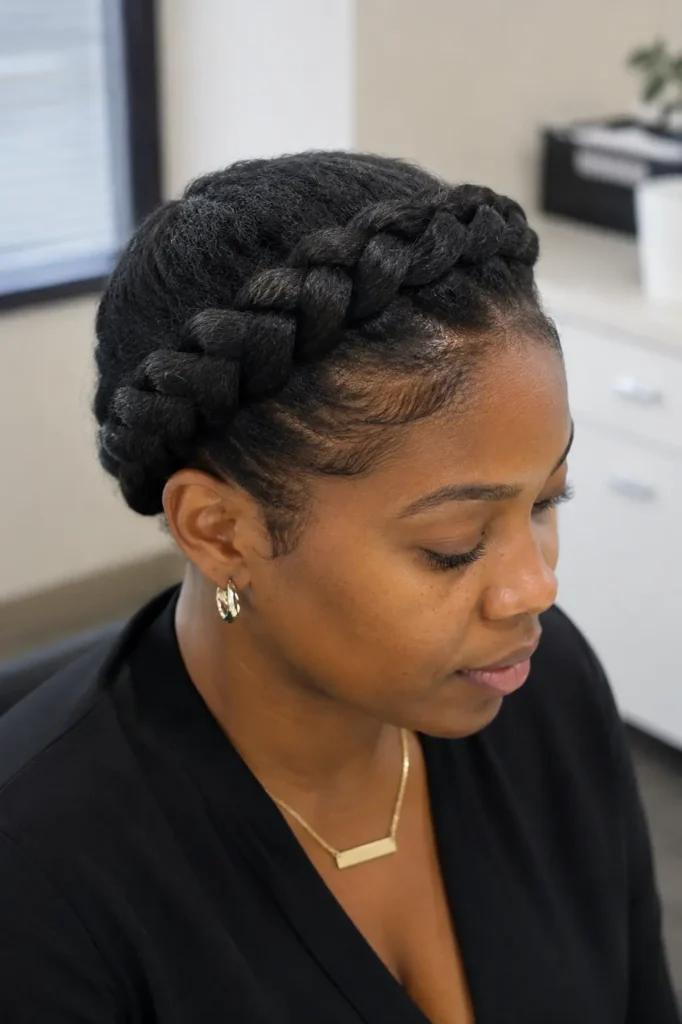 everyday Black woman wearing a natural crown braid hairstyle that wraps around the head, showcasing detailed braided texture and neatly styled edges. Captured in a professional office setting with soft natural daylight
