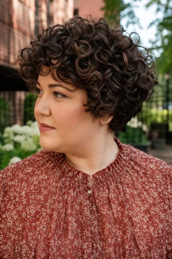 Close-up portrait of a real plus-size woman with a curly bixie haircut featuring textured natural curls and soft layers. The pixie-bob shape is clearly visible with volume concentrated around the crown. She wears a modest floral blouse