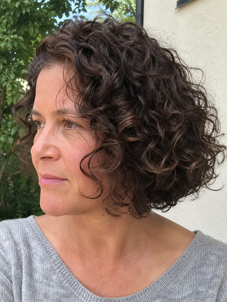 Close-up portrait of a real woman over 40 with a curly bob haircut featuring defined natural curls, rich brunette color, and voluminous texture. The hairstyle fills most of the frame, showcasing realistic curl definition and movement in natural daylight