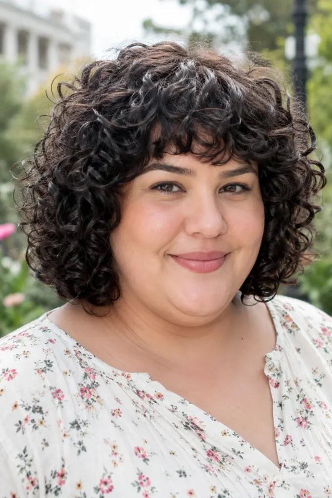 Close-up portrait of a real plus-size woman with a curly bob haircut and soft bangs, featuring defined dark curls that frame her face. The hairstyle is the main focus, with natural volume, texture, and shape clearly visible. She wears a modest floral blouse