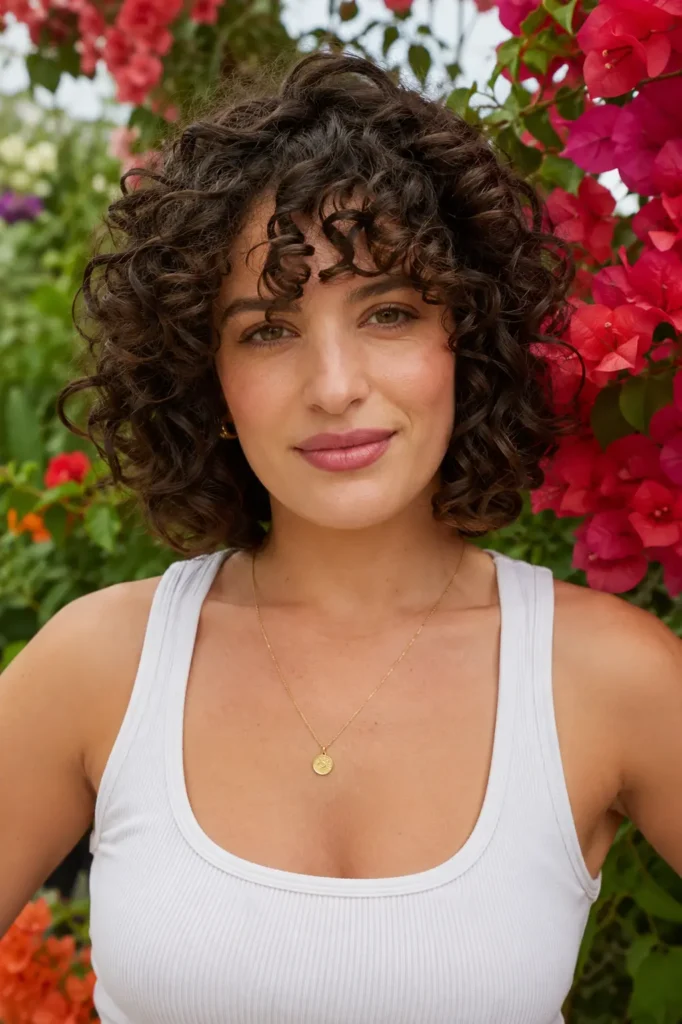 woman with a curly bob hairstyle and curly bangs, featuring defined natural curls and natural makeup, posing in a colorful floral garden. The upper-body portrait highlights the hairstyle with vibrant pink and red flowers softly blurred in the background
