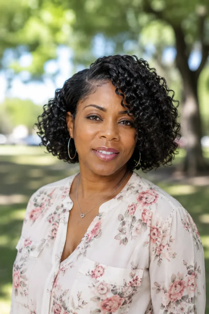 Black woman aged 30–50 with a curly bob hairstyle and deep side part, featuring defined, voluminous curls. She wears a stylish floral blouse