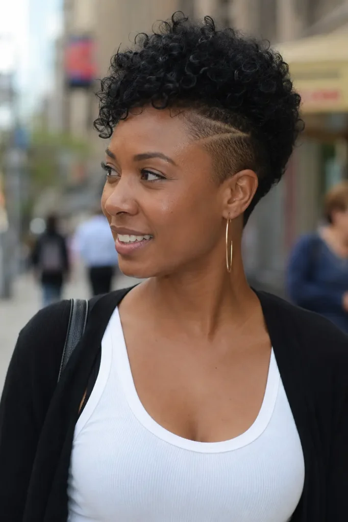 real Black woman with a curly crop hairstyle and a shaved side featuring a subtle hair design. Her defined natural curls are styled with volume on top, while the shaved side is clearly visible. She wears a fashionable yet casual outfit and stands in an urban outdoor setting