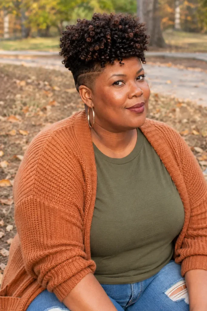 Close-up portrait of a real plus-size woman aged 25–50 with a curly crown cut hairstyle featuring elevated, voluminous natural curls. She wears a modest olive-green top and a cozy rust-colored cardigan that fully covers her chest