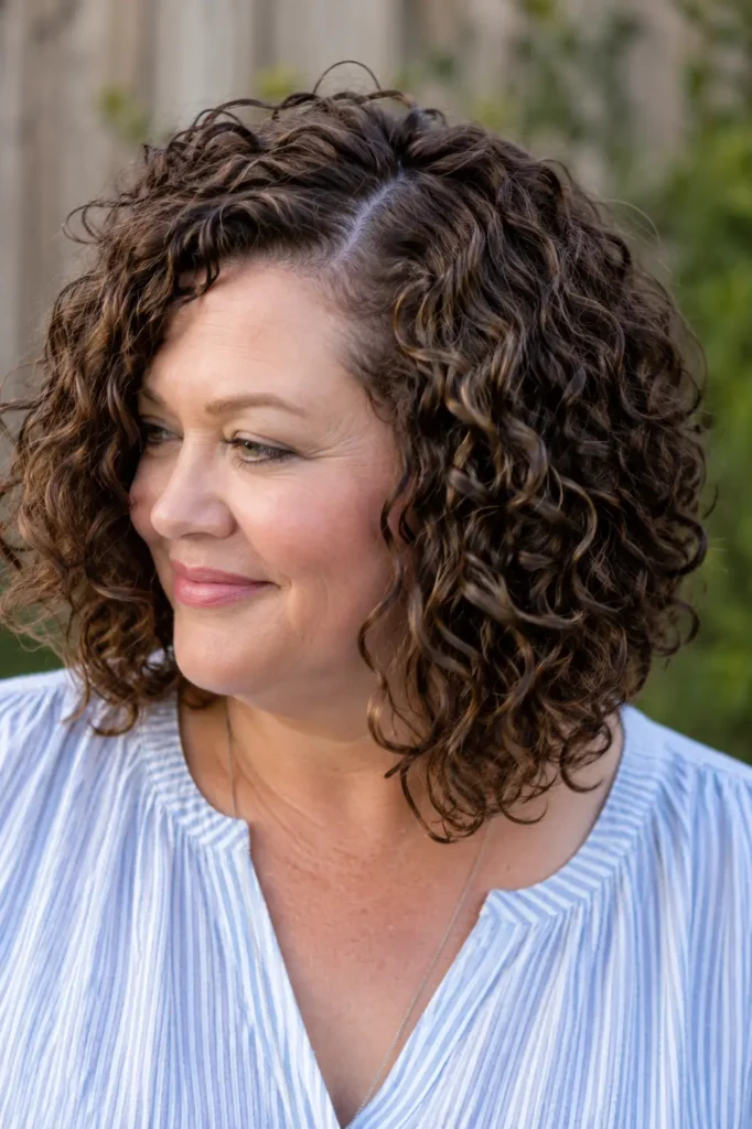 Close-up portrait of a real plus-size woman aged 30–55 with a curly lob hairstyle and deep side part. Soft, defined curls create natural volume and movement, with the haircut shape clearly visible and filling most of the frame. She wears a modest light-blue blouse