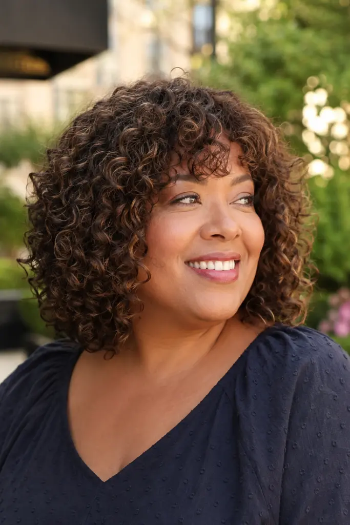 plus-size woman aged 30–55 with a curly lob hairstyle and soft layers, featuring defined natural curls with subtle volume and movement. She wears an elegant navy blouse and smiles while standing in an outdoor city garden