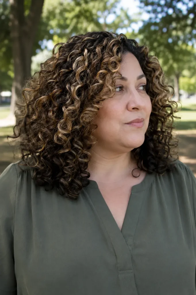 Close-up portrait of a real plus-size woman aged 30–50 with a mid-length curly hairstyle featuring caramel highlights. Defined curls with dimensional color variation frame her face and fill most of the image. She wears a modest stylish top