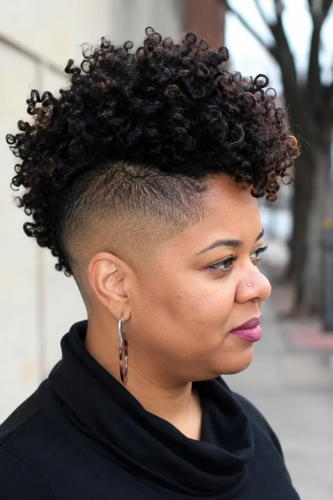Close-up portrait of a real plus-size woman with a curly mohawk fade hairstyle, featuring voluminous textured curls along the center and closely faded sides.