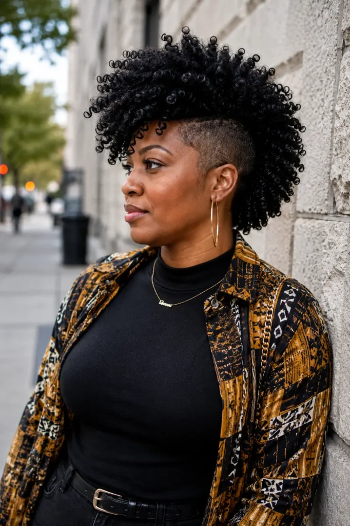 Black woman with a curly mohawk fade hairstyle featuring voluminous, defined natural curls and closely faded sides. She wears a modest black high-neck top layered with a patterned jacket, standing in an urban outdoor setting beside a textured stone wall