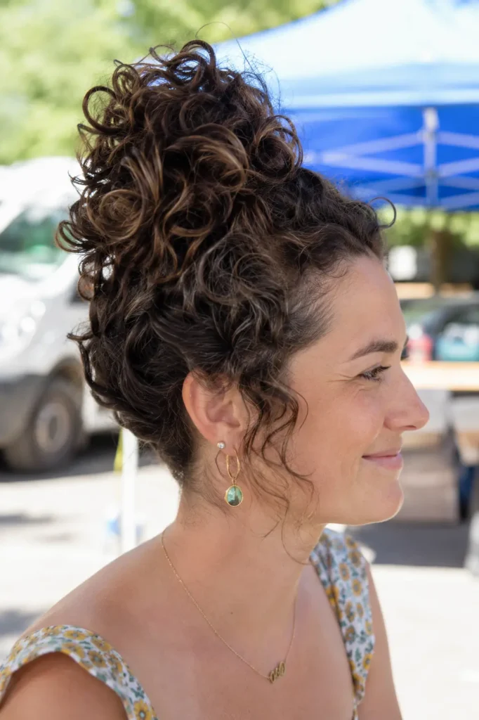 A realistic English woman with natural brunette curls styled in a curly pineapple updo smiles in profile outdoors on a bright summer day. The portrait emphasizes the voluminous curly hairstyle, with soft tendrils framing her face