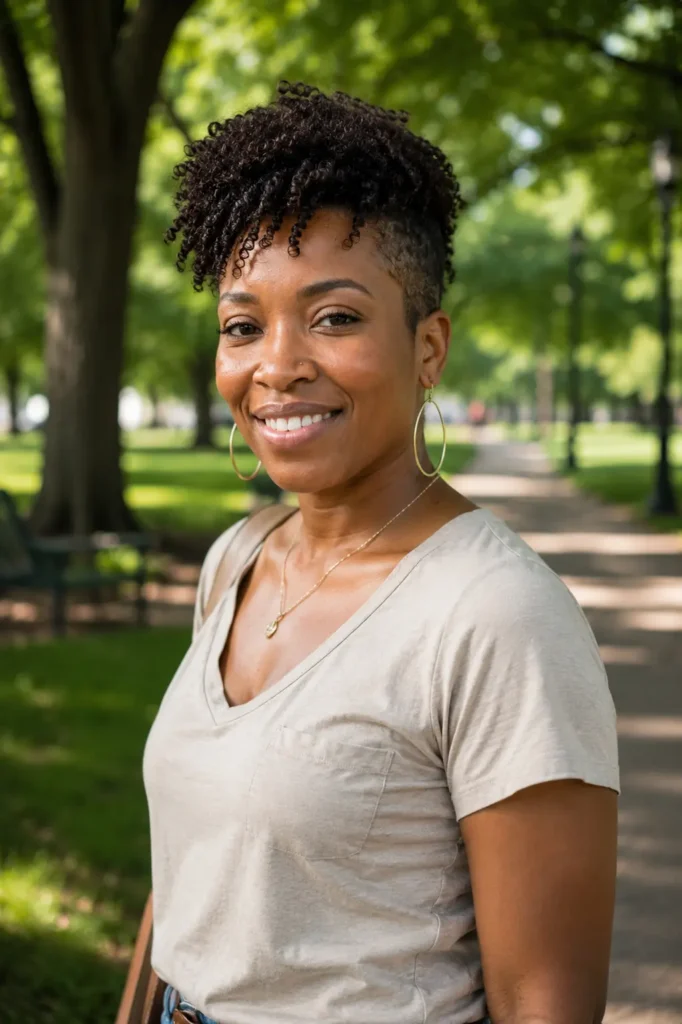 Black woman aged 25–45 with a curly pixie haircut featuring longer defined curls on top and closely tapered sides. She is wearing a casual chic beige V-neck top and hoop earrings while standing in a sunlit outdoor park.
