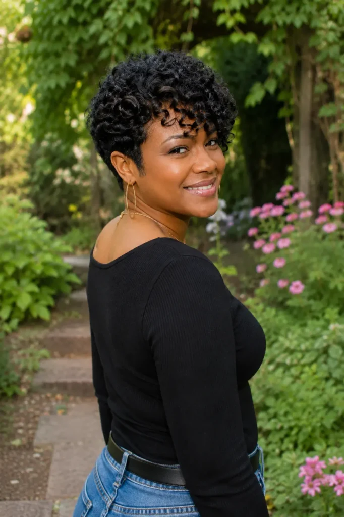 Black woman with a curly pixie haircut and side-swept bangs posing in a lush outdoor garden. Her defined natural curls frame her face, showcasing the hairstyle's texture and volume. She wears a stylish black casual top and jeans