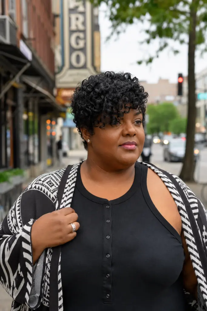 Close-up portrait of a real plus-size woman with a curly pixie haircut and side-swept fringe, showcasing defined natural curls and textured volume. She wears a fashionable dark outfit in an outdoor city setting