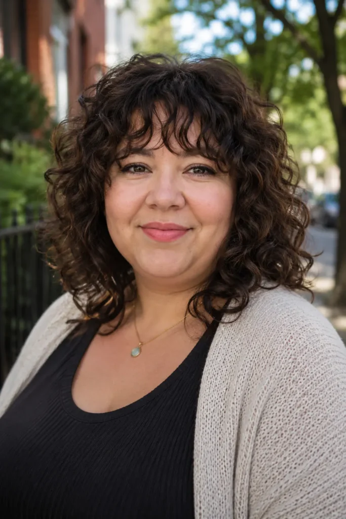 Close-up portrait of a real plus-size woman with a curly shag haircut and soft curtain bangs, featuring textured layered curls with volume around the crown and sides