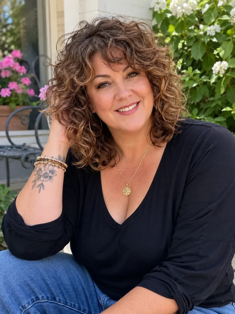 Close-up portrait of a real plus-size woman aged 30–55 with a shoulder-length curly shag hairstyle featuring layered, textured curls and soft volume.