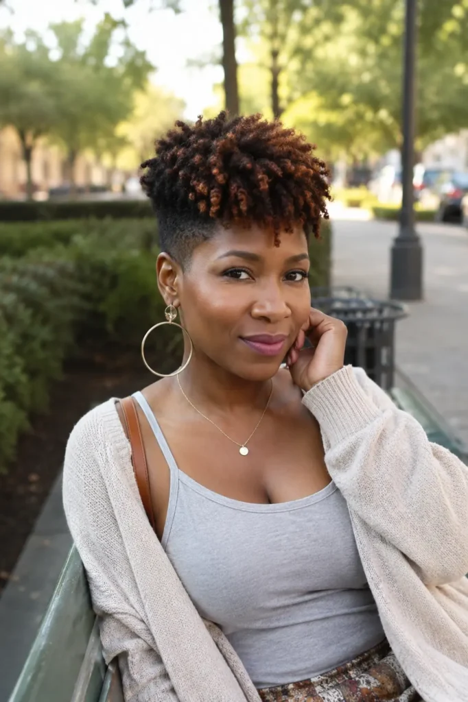 Black woman with a curly tapered haircut featuring warm copper highlights and defined natural curls on top. She is seated outdoors in a park setting, wearing a stylish casual outfit with realistic skin texture and natural makeup