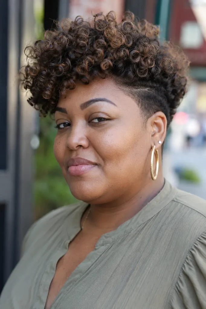 Close-up portrait of a real plus-size woman with a curly tapered haircut, featuring short tapered sides and voluminous defined curls on top