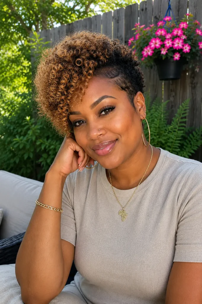 a real Black woman with a curly tapered haircut featuring blonde highlights and defined natural curls. She wears a modest beige short-sleeve top and sits outdoors in a lush garden setting with greenery and pink flowers in the background