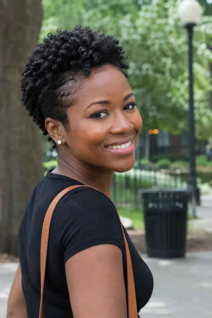 Black woman aged 25–45 with a curly tapered haircut and neatly defined edges, showcasing natural textured curls. She wears a stylish black outfit and smiles over her shoulder in an outdoor city park setting