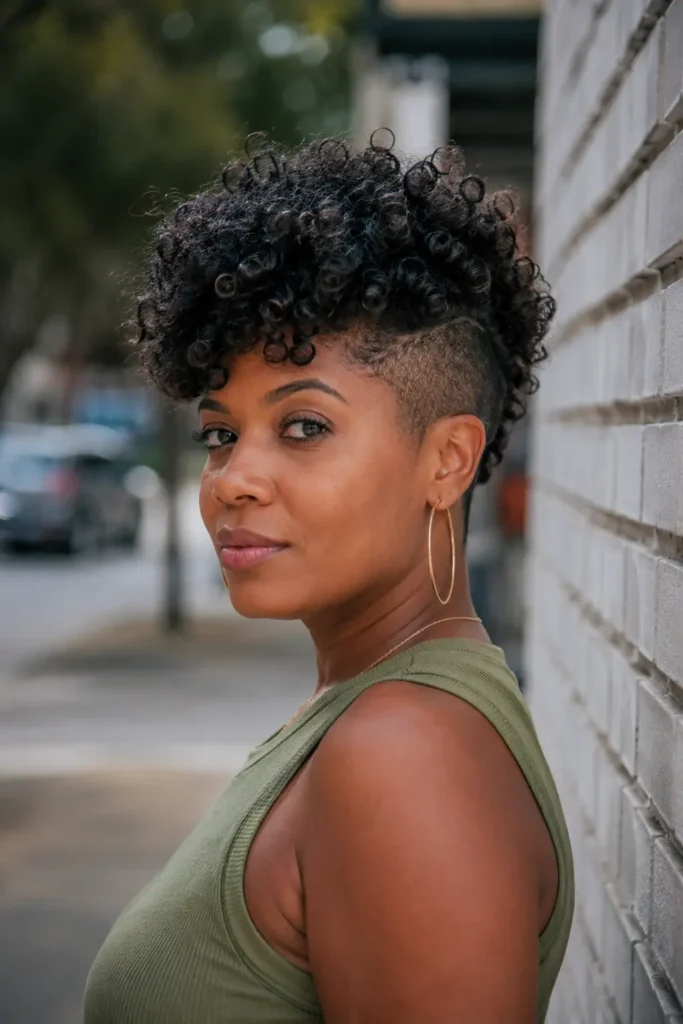 Black woman with a curly undercut hairstyle, featuring defined natural curls on top and closely shaved sides. She wears a trendy sleeveless olive-green top and gold hoop earrings while standing outdoors in an urban setting